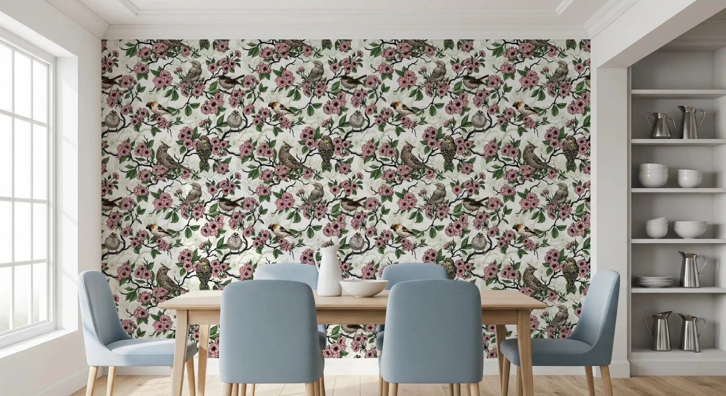 Dining room with cherry blossom bird wallpaper and green leaves