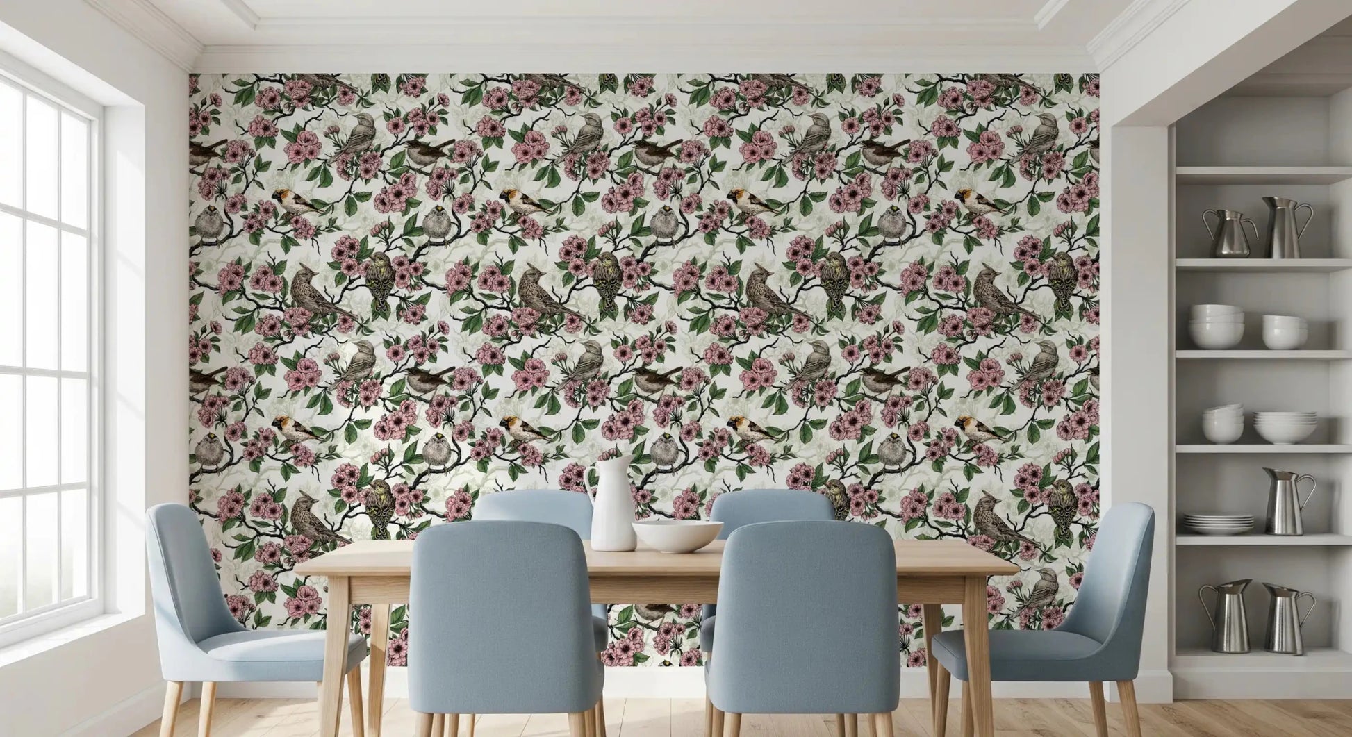 Dining room with cherry blossom bird wallpaper and green leaves