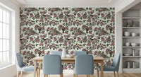 Dining room with cherry blossom bird wallpaper and green leaves