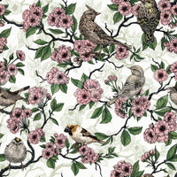 White wallpaper with birds and cherry blossom branches
