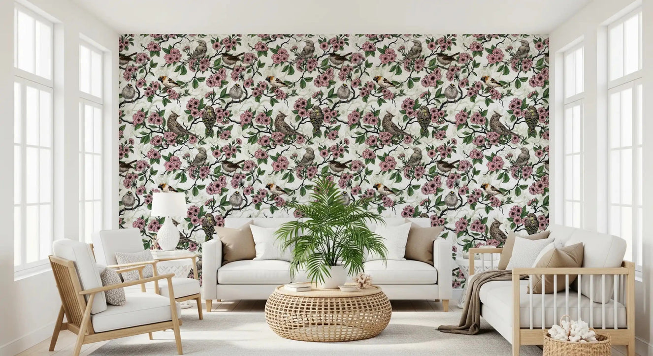 Living room with white bird and cherry blossom wallpaper
