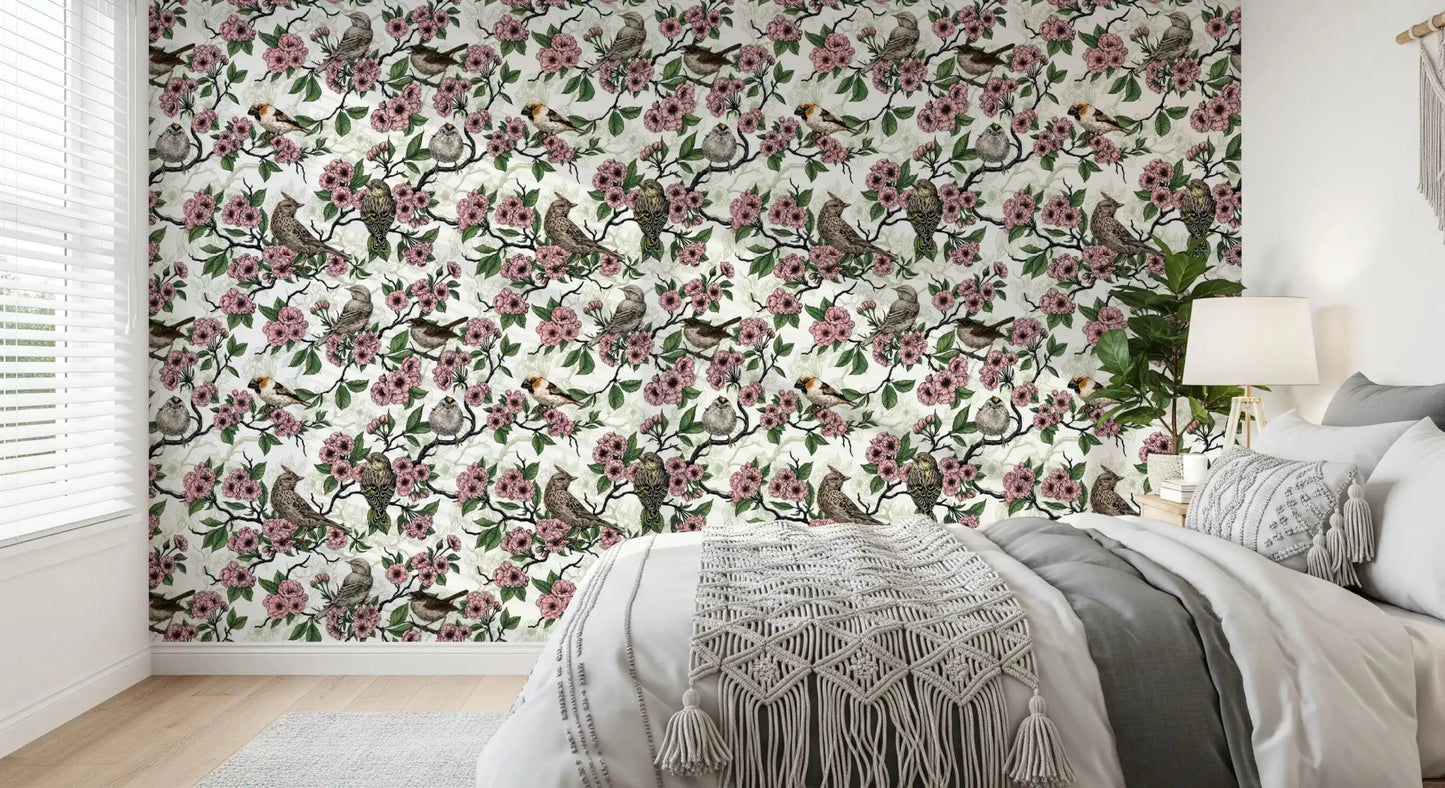 bedroom  with floral bird wallpaper in white tones