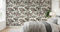 bedroom  with floral bird wallpaper in white tones