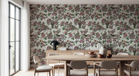 Kitchen and dining room with white wallpaper and pink blossom birds