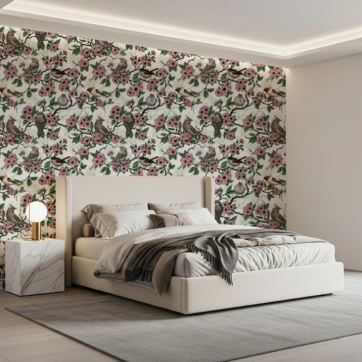 Bedroom featuring white blossom and bird wallpaper