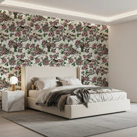 Bedroom featuring white blossom and bird wallpaper