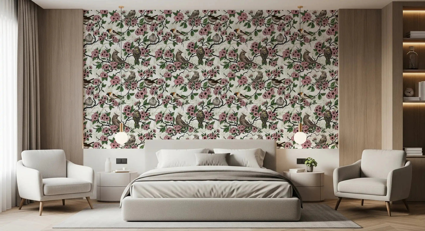 Bedroom with soft bird and cherry blossom wallpaper