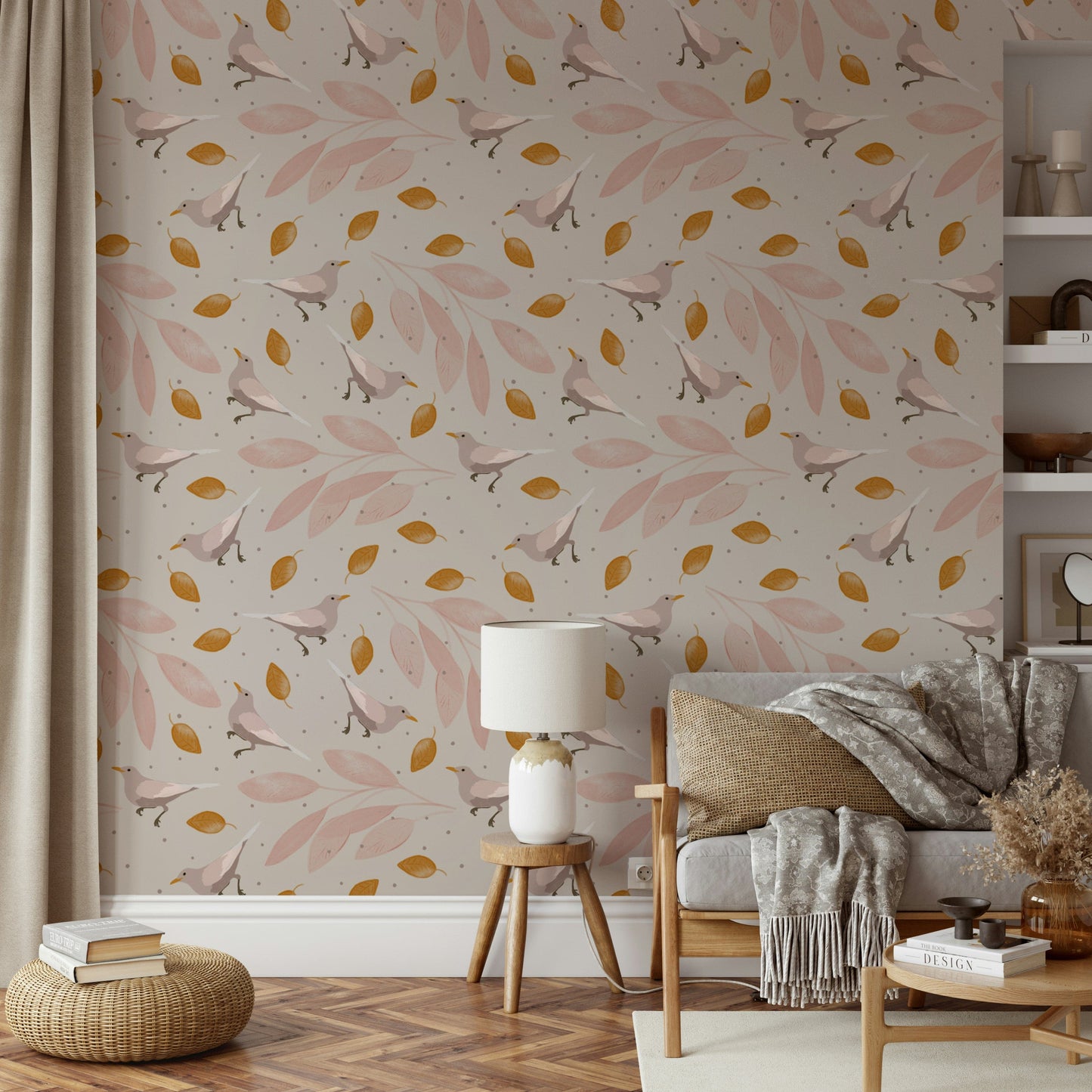 A soft botanical wallpaper featuring perched birds among flowing pink leaf clusters.