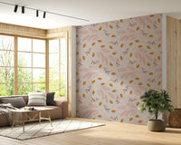 A delicate wallpaper pattern with graceful birds and blush-toned leaves scattered across a neutral backdrop.
