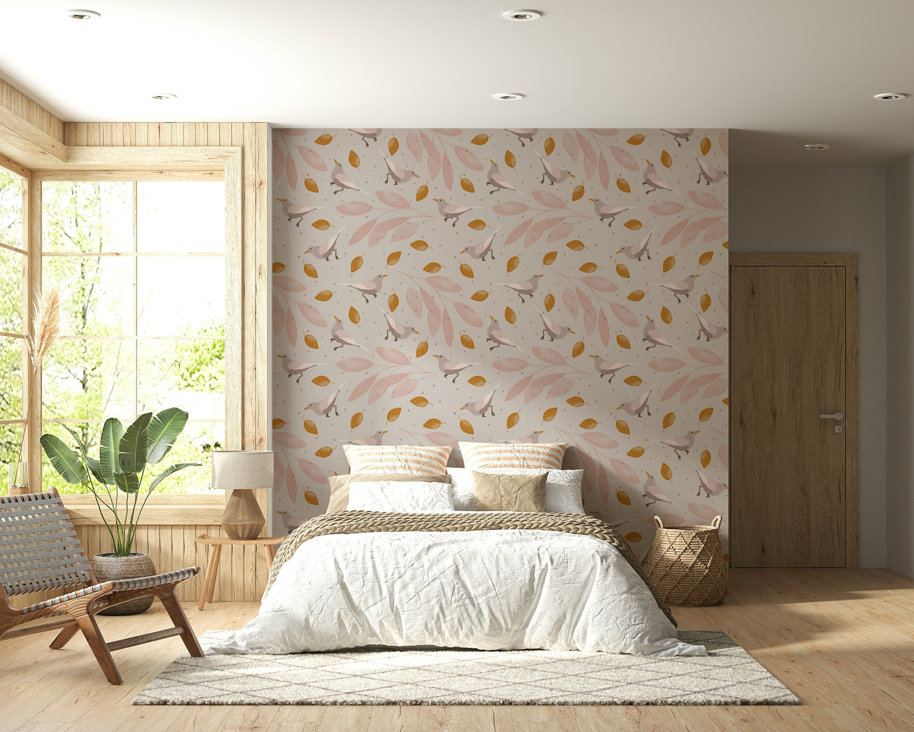 A soft birds and leaves wallpaper featuring delicate pink foliage and small golden leaves on a cream background.