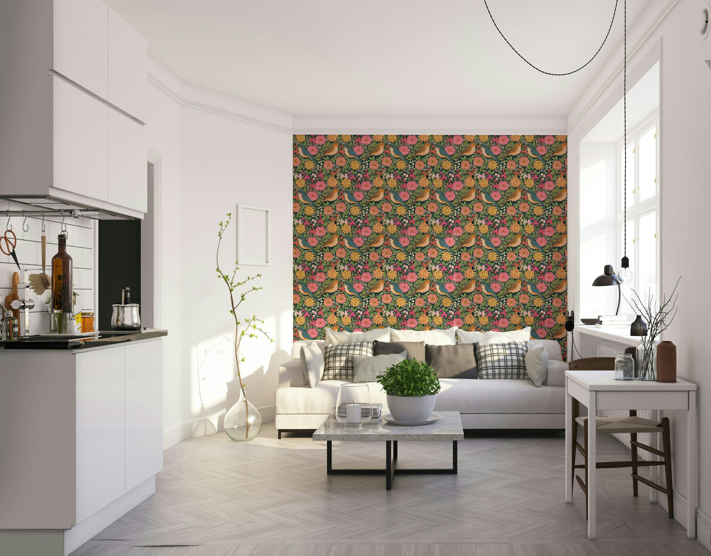 A peaceful flower garden mural on decorative wallpaper.


