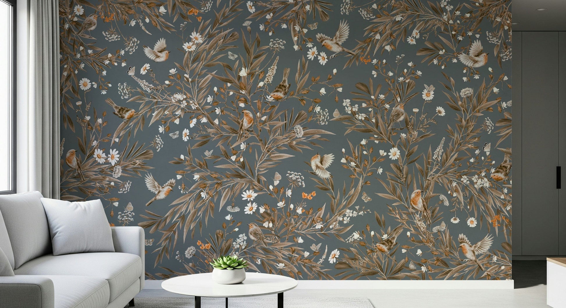 Lush garden-inspired mural depicting birds among detailed floral patterns.