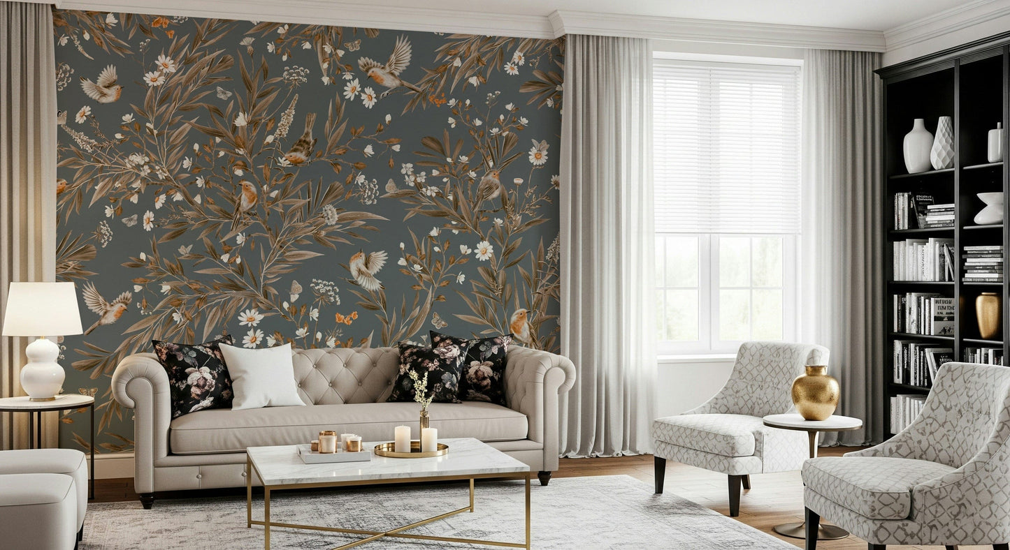 Soft watercolor mural of birds and flowers evoking calm and natural elegance