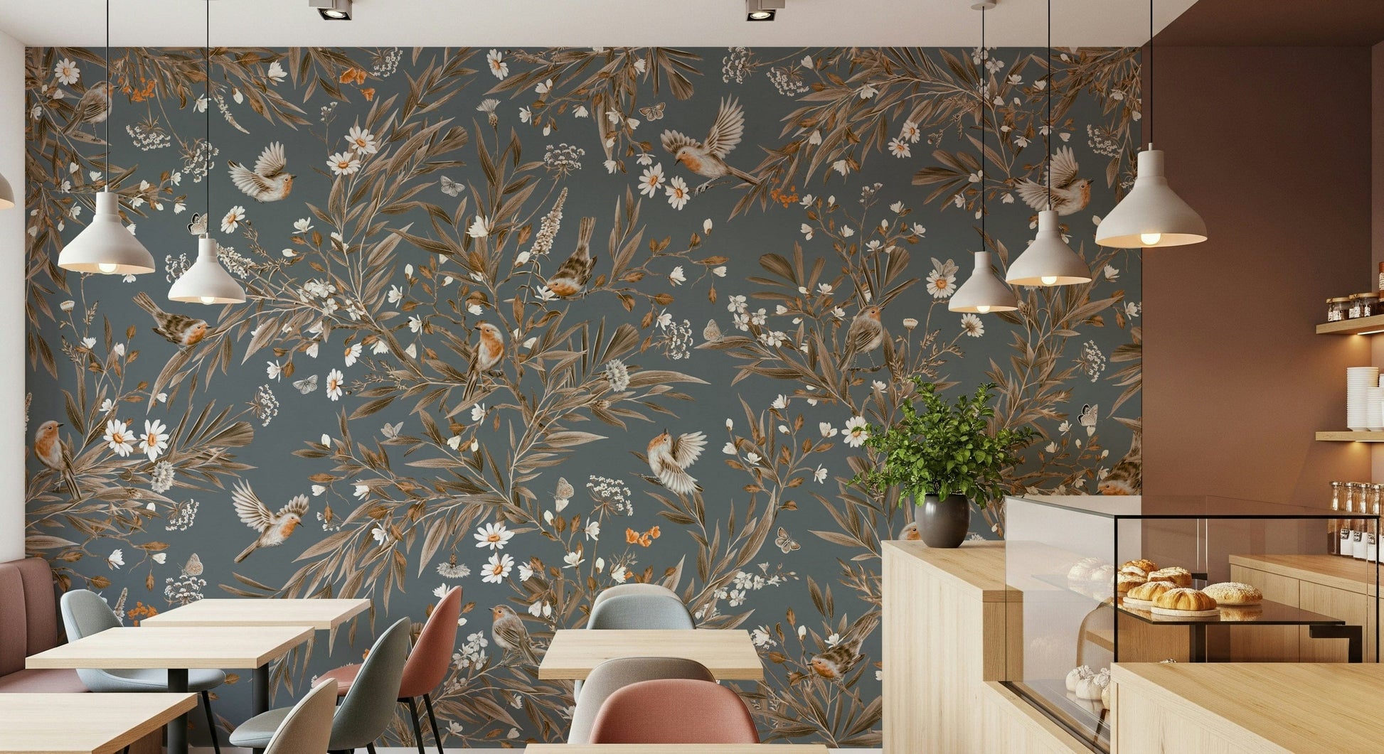 Elegant floral mural showcasing birds in harmony with delicate blossoms and branches