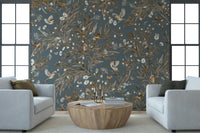 Serene botanical wall art of colorful birds perched among gentle floral blooms