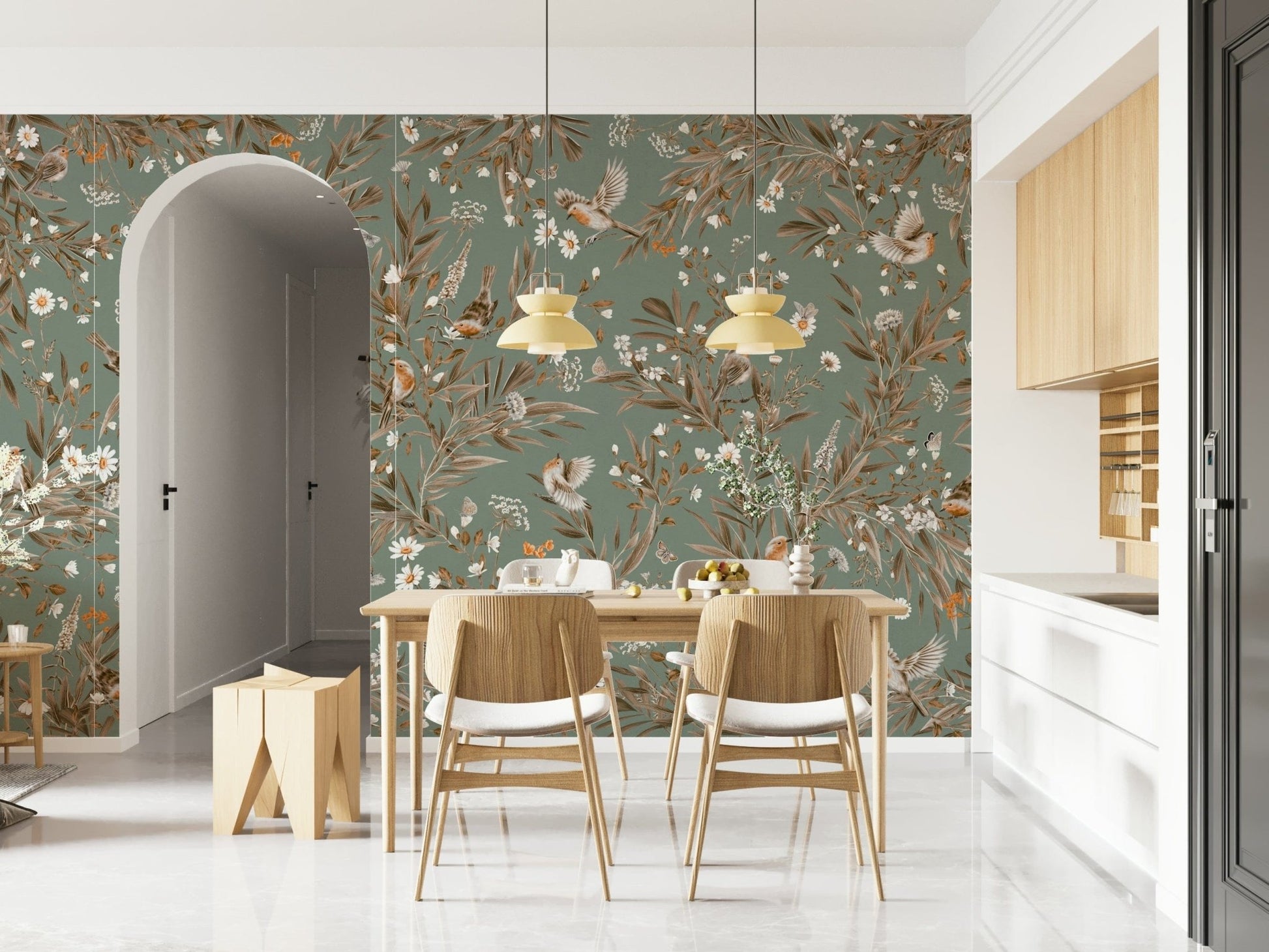 Nature-inspired mural with singing birds surrounded by vivid floral blooms
