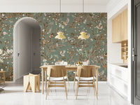 Nature-inspired mural with singing birds surrounded by vivid floral blooms