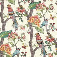 Detailed nature wallpaper featuring colorful birds sitting on branches with vivid floral accents.