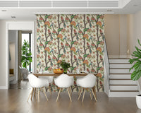 Floral wallpaper mural with perched birds and lush botanical elements on a soft background.