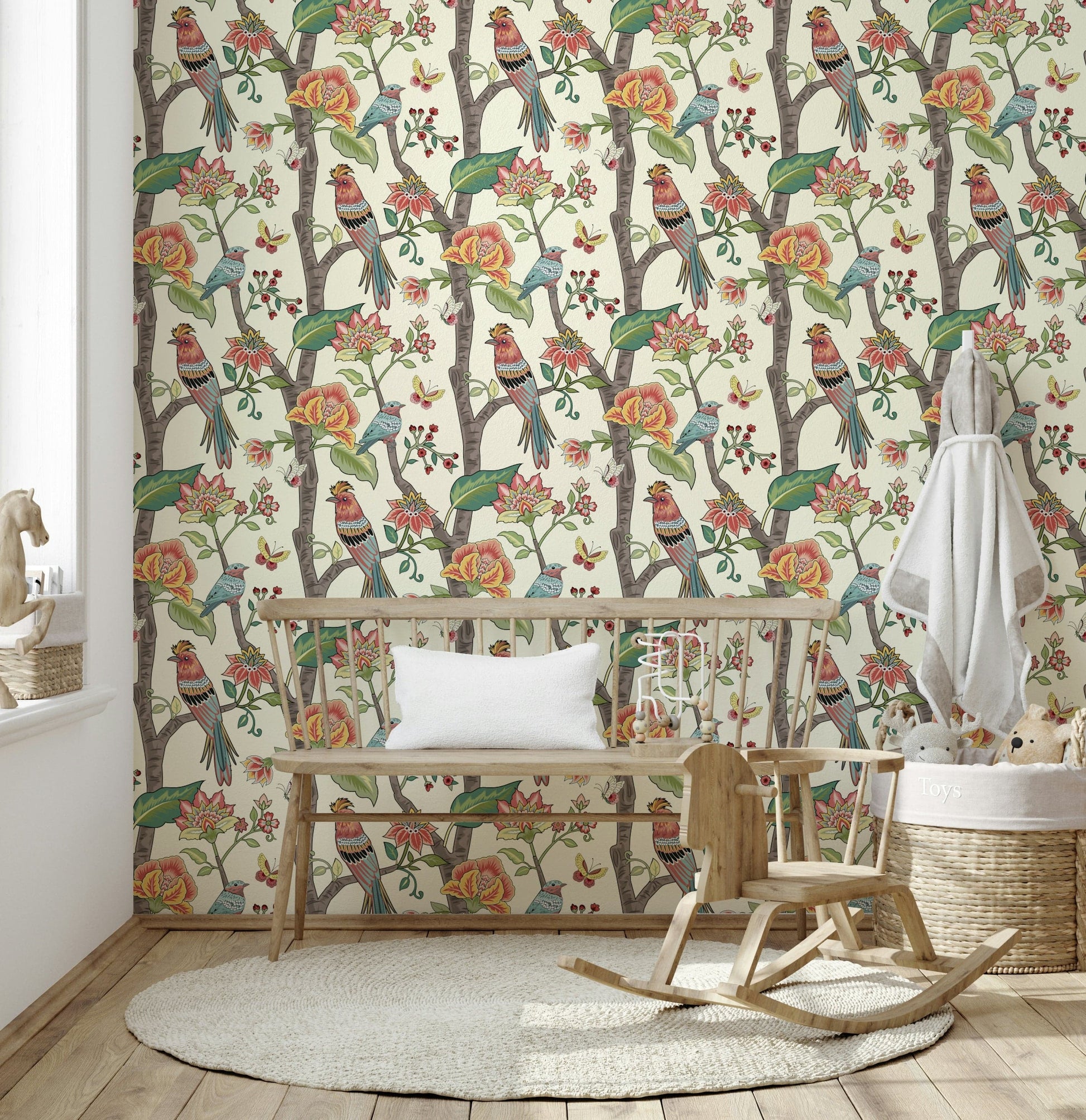 Paradise Perch wallpaper showcasing vibrant avian illustrations intertwined with delicate florals.