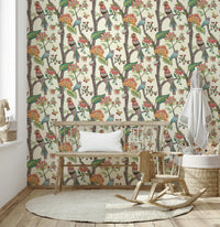 Paradise Perch wallpaper showcasing vibrant avian illustrations intertwined with delicate florals.