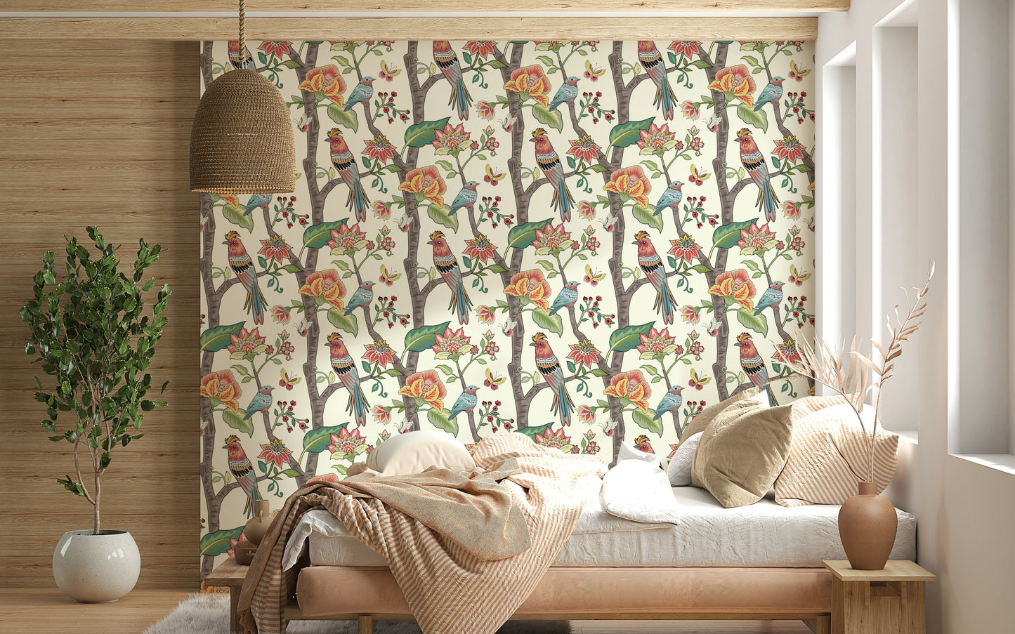 Decorative wallpaper with intricate bird and floral motifs arranged in a repeating pattern.
