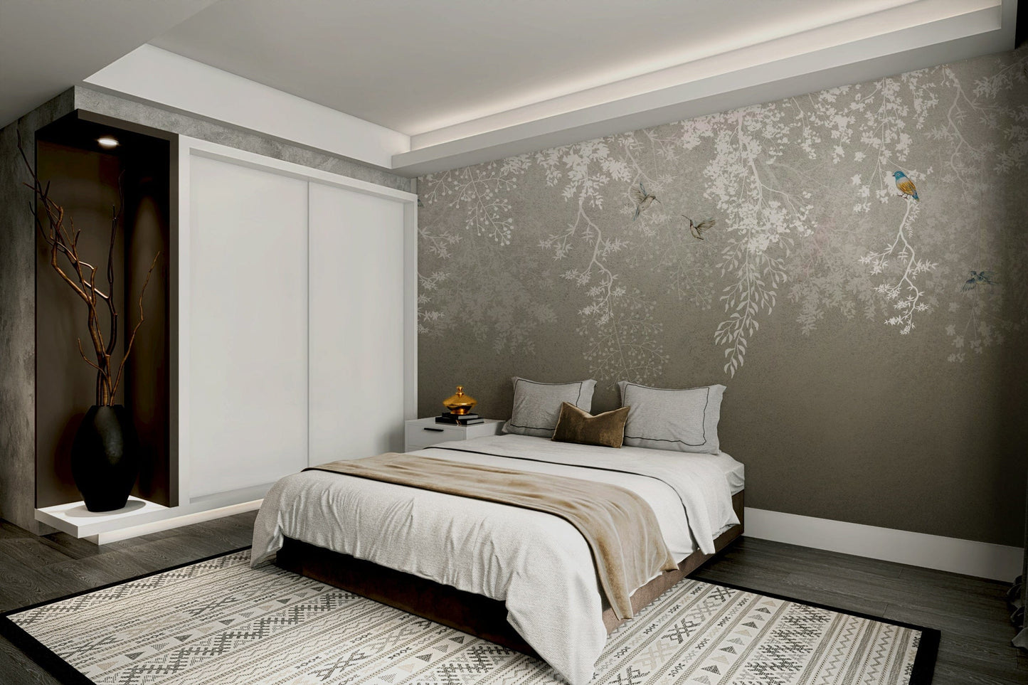 The design features elegant birds and delicate flowers.

