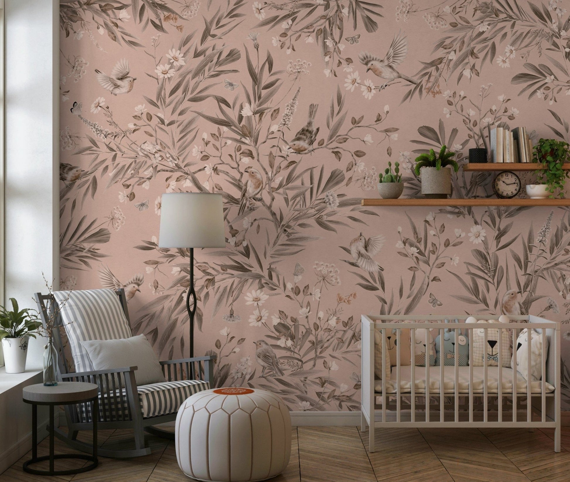 Artistic botanical wall art with birds in a vibrant garden scene.
