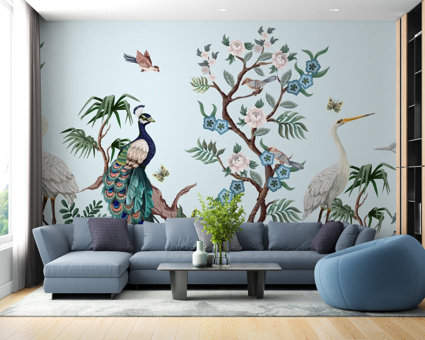 Chinoiserie wall murals with herons and peacocks

