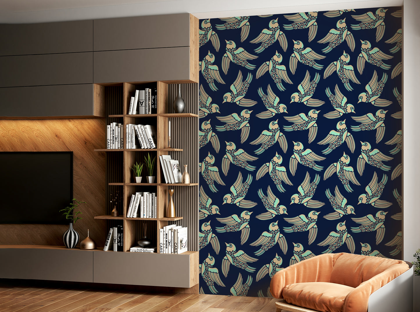 Serene wallpaper with birds soaring across soft mint and beige tones.

