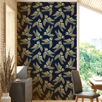 Wallpaper featuring birds in flight on a mint, beige, and midnight blue background.

