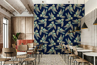 Soft yet bold wallpaper with birds in flight against a mint and blue backdrop.

