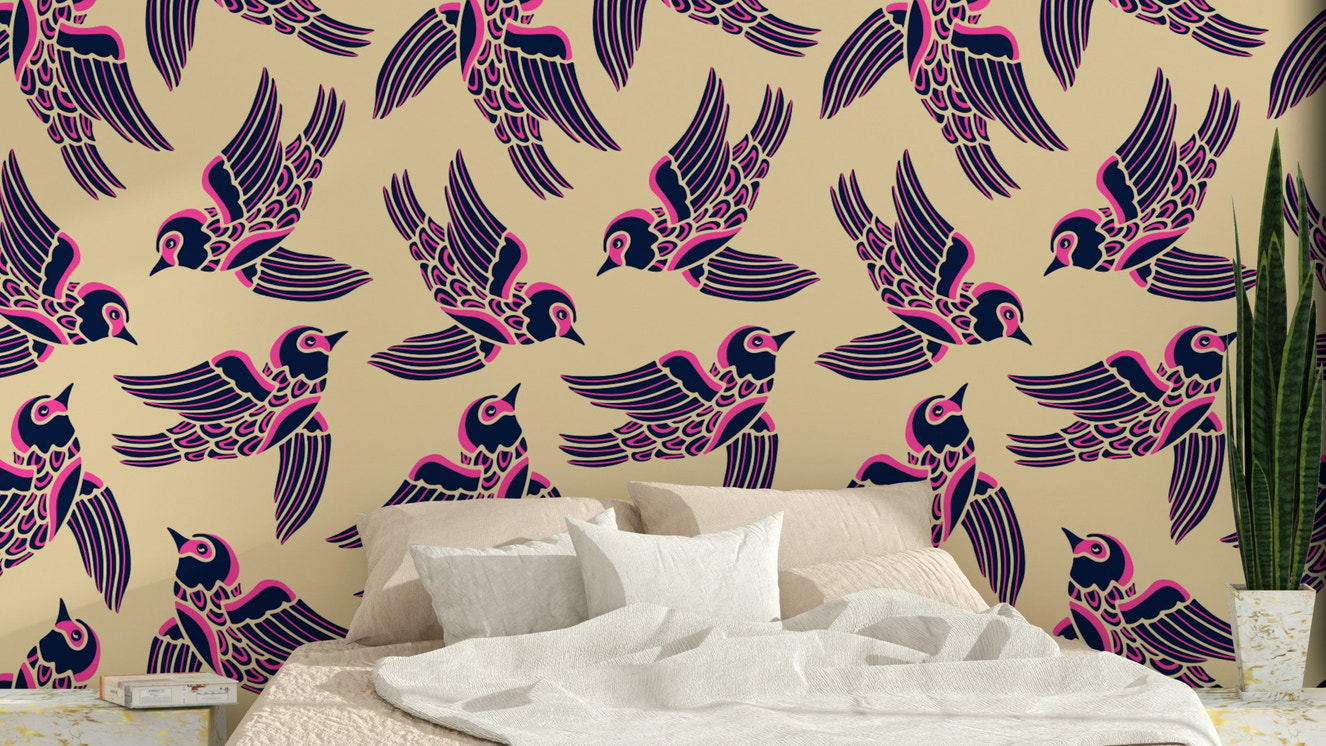 Birds Flying Higher in Fuchsia Pink Midnight Blue Beige Wallpaper with soaring birds.

