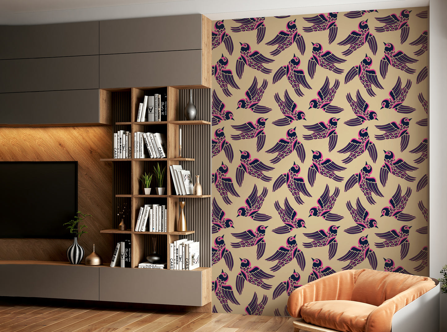 Bold bird wallpaper with contrasting fuchsia pink, blue, and beige tones.

