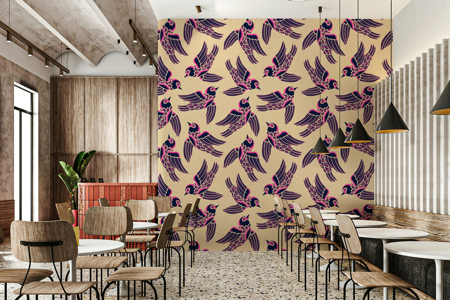 Birds soaring in vibrant fuchsia pink and midnight blue wallpaper design.

