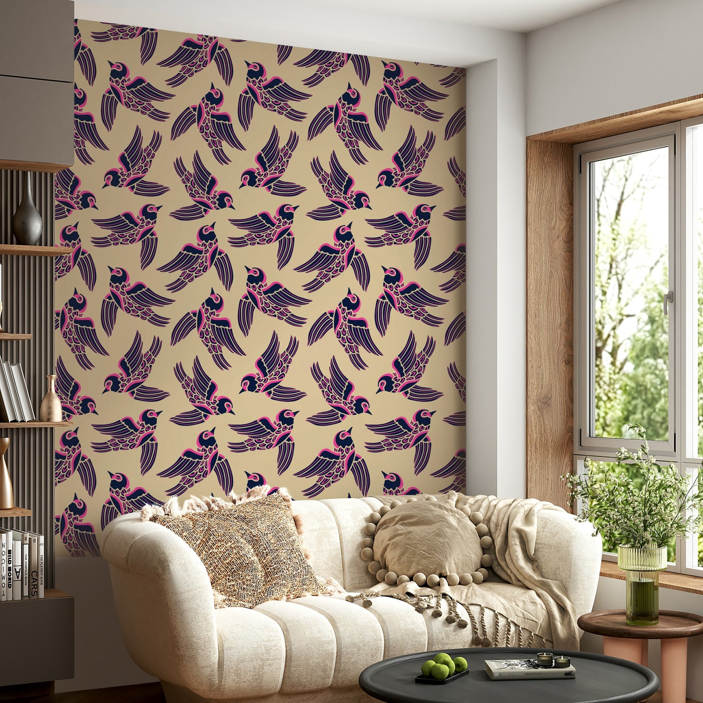 Artistic birds flying higher on a bold, colorful background in pink, blue, and beige.

