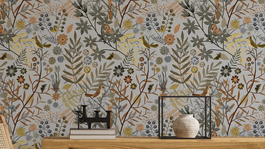 Birds Garden Golden Gray Wallpaper