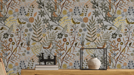 Birds Garden Golden Gray Wallpaper