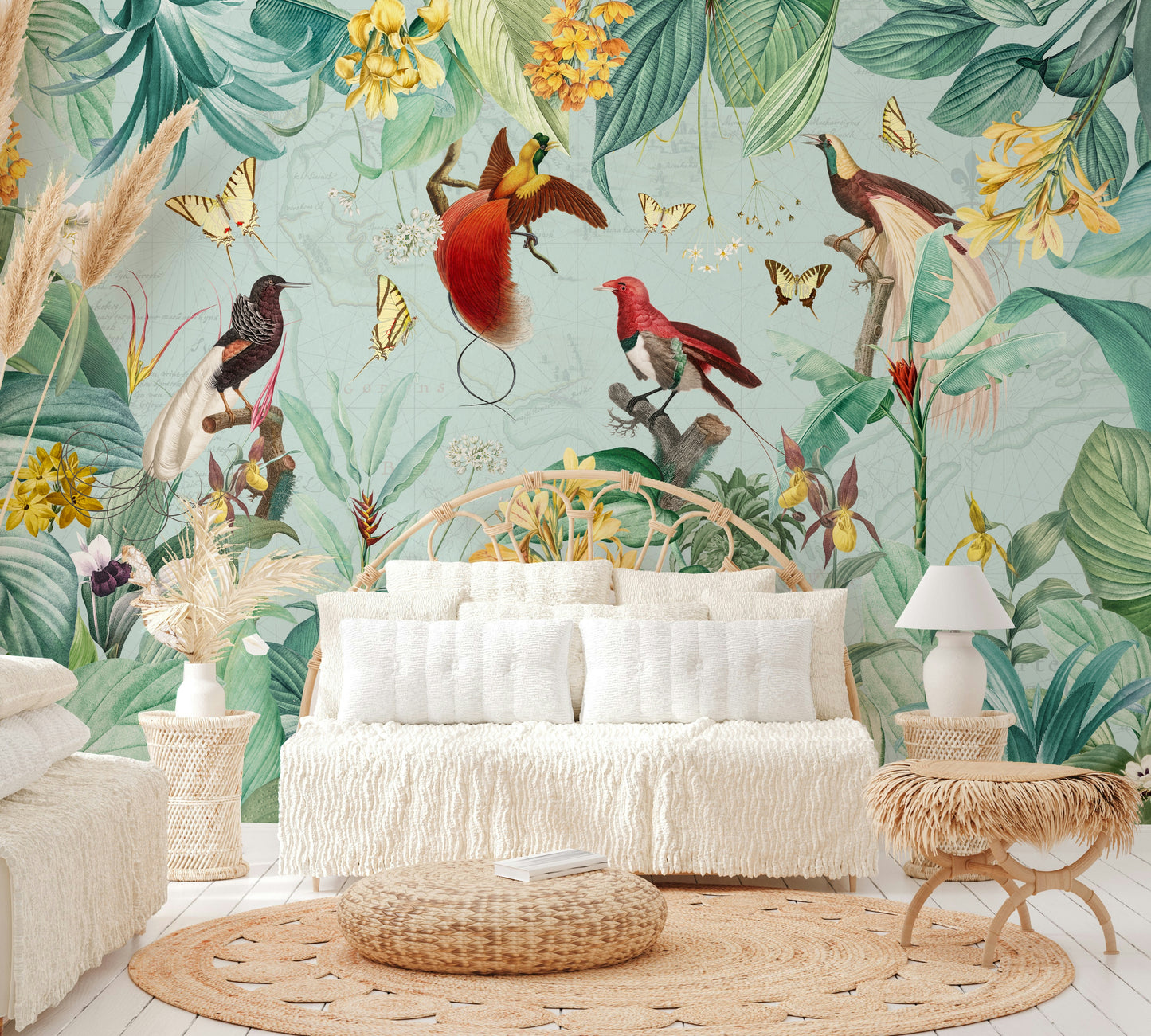 Exotic bird and foliage mural

