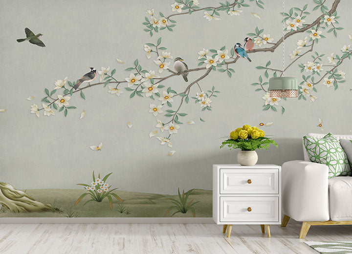 Birds on Branch Green Color Wallpaper Mural in your room — zoomed