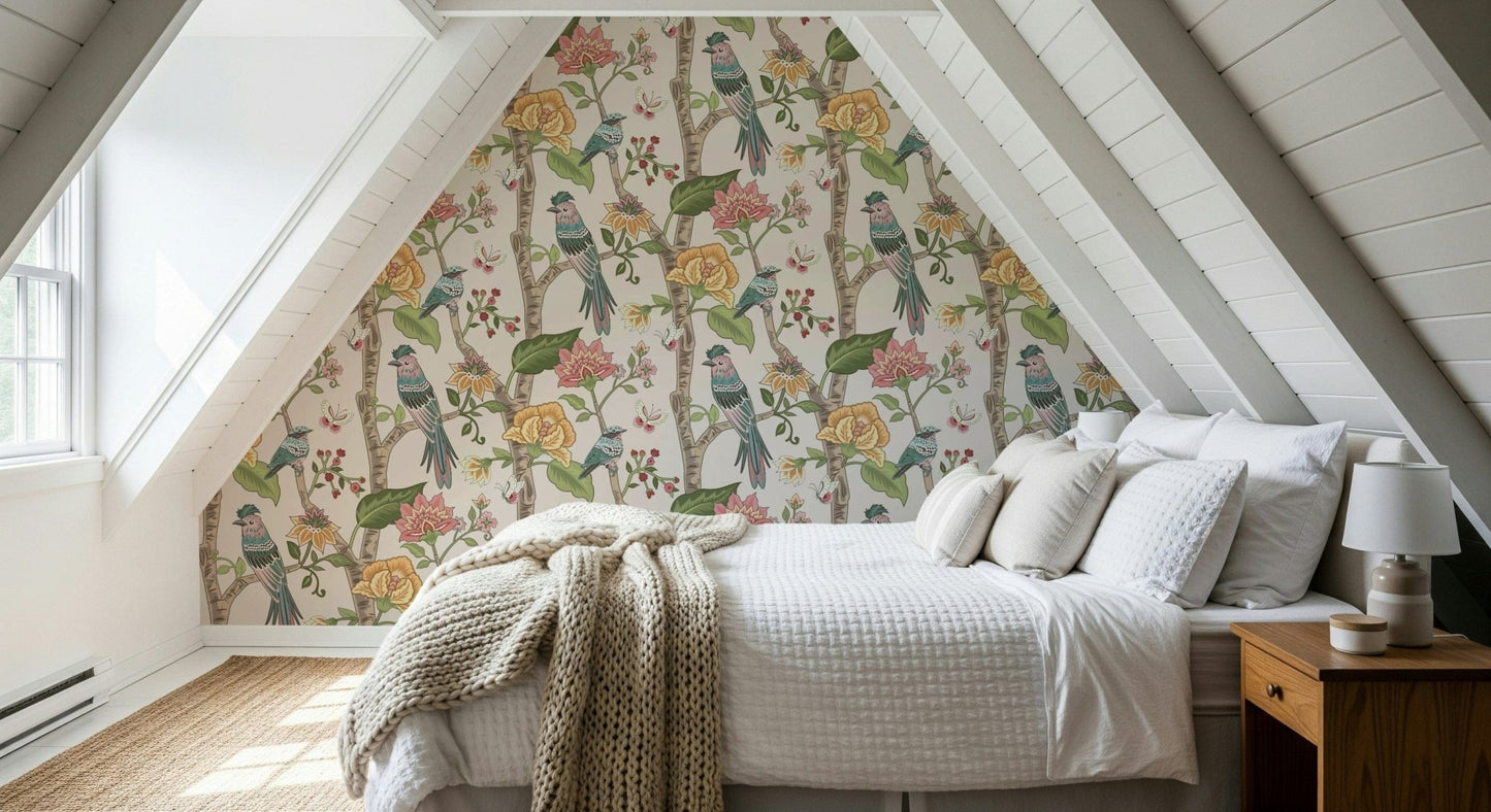 Vintage-style floral wallpaper featuring birds, roses, and delicate botanical details.