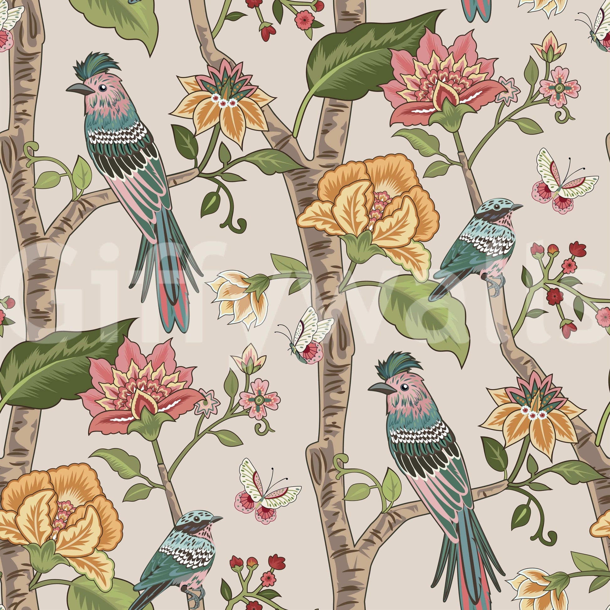 Patterned bird and floral wallpaper featuring vibrant blossoms and perched birds in a seamless layout.