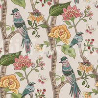 Patterned bird and floral wallpaper featuring vibrant blossoms and perched birds in a seamless layout.