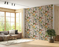 Birdsong Blooms wallpaper with elegant birds and multicolored florals on a soft neutral backdrop.