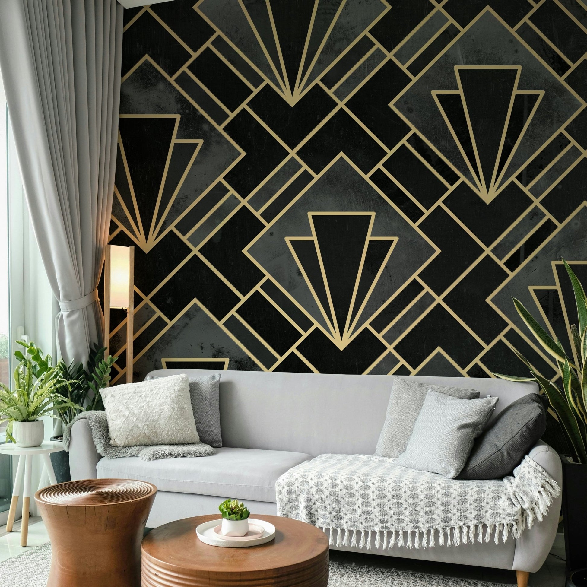 Geometric mural wallpaper in grey and black