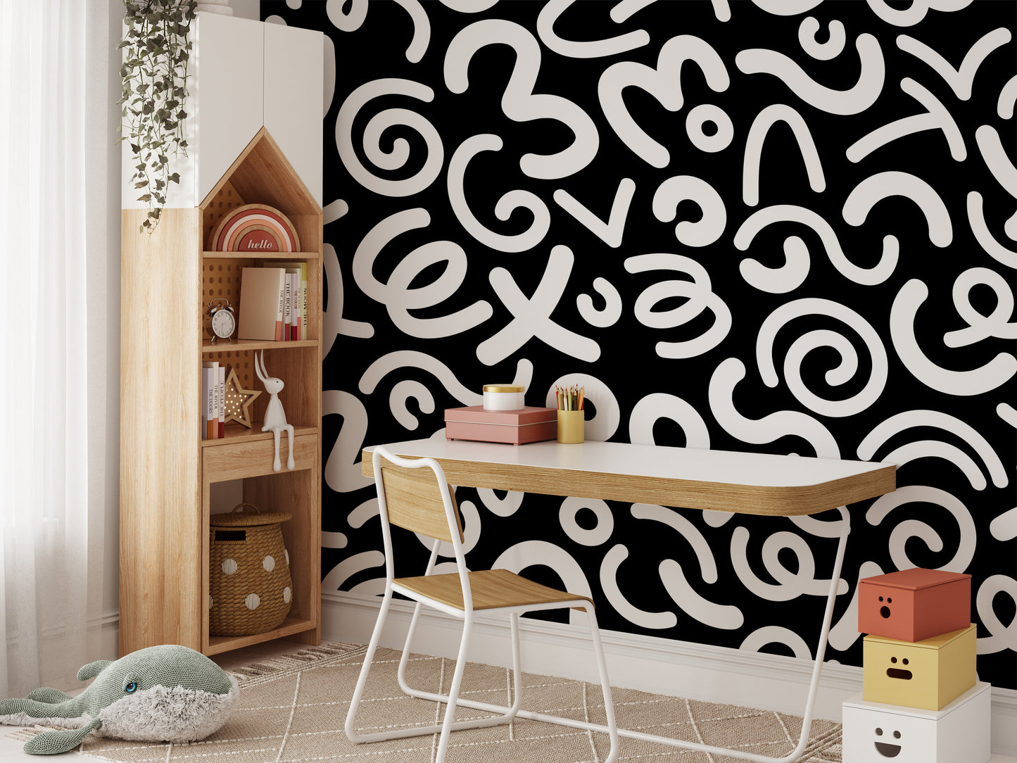 Minimalist room styled with black and white squiggle wallpaper