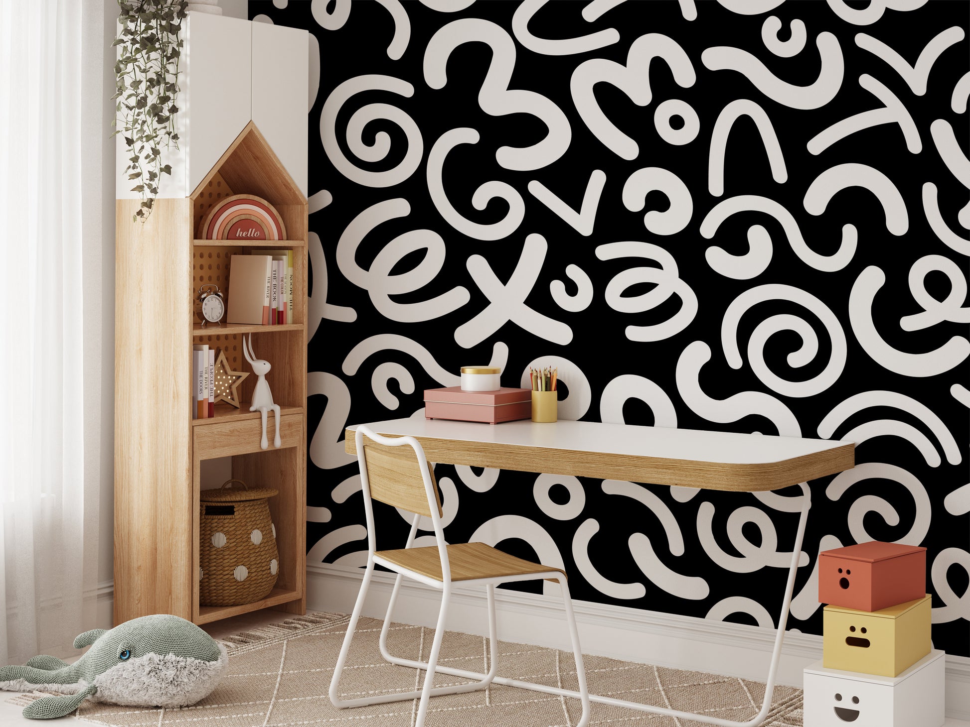 Minimalist room styled with black and white squiggle wallpaper