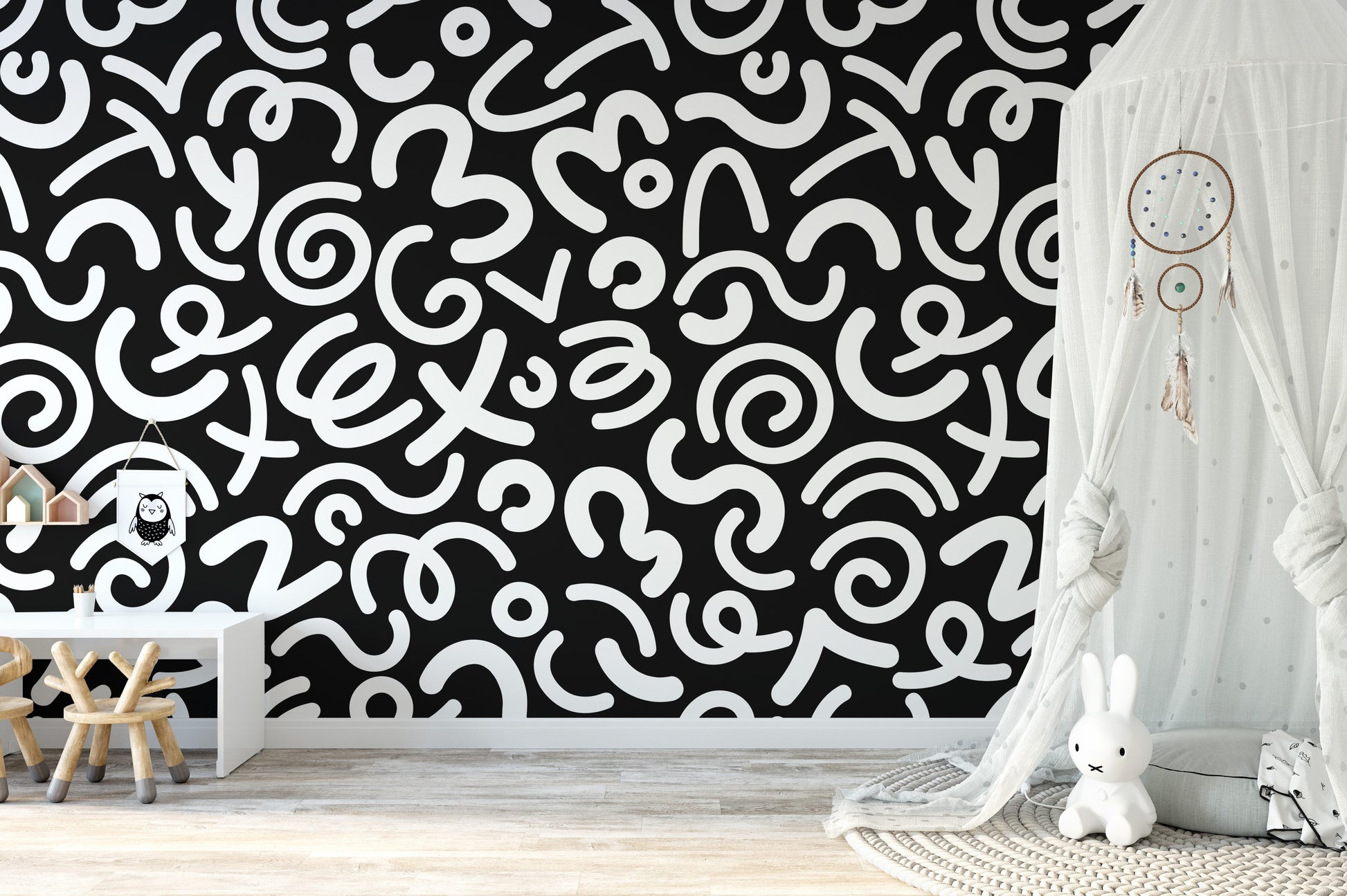 Black white abstract doodle wallpaper in contemporary living room