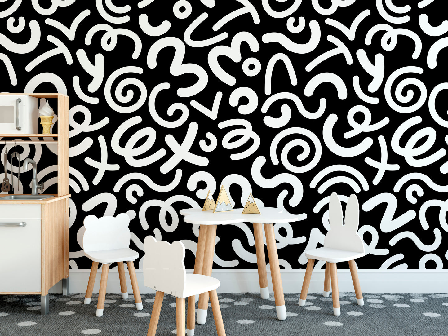 Monochrome squiggle pattern wallpaper for modern feature wall