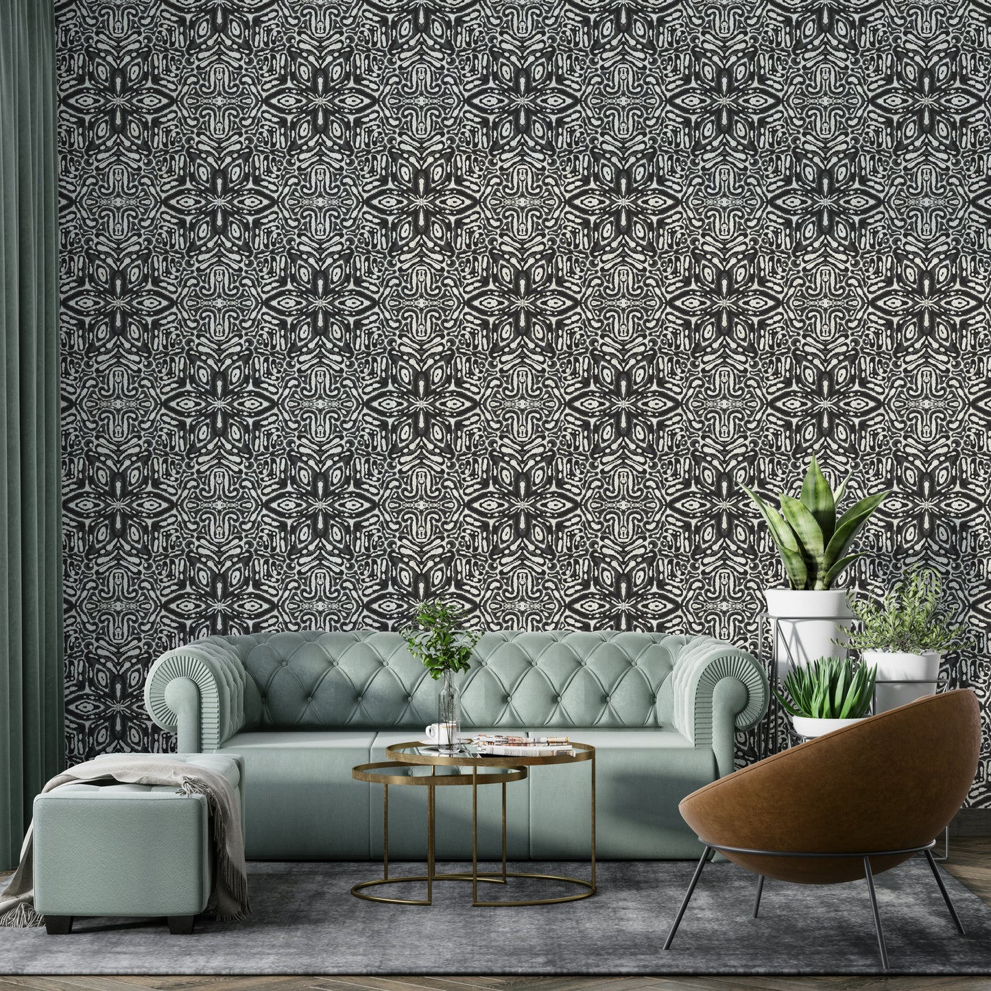 Bold black floral tile mural

